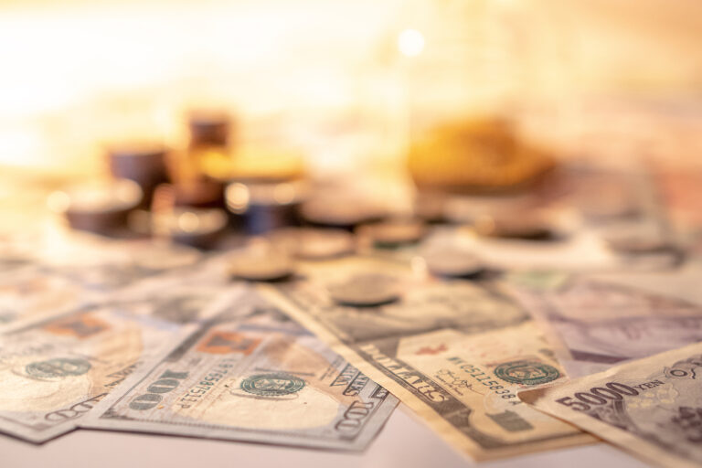Various of international money coin and banknote